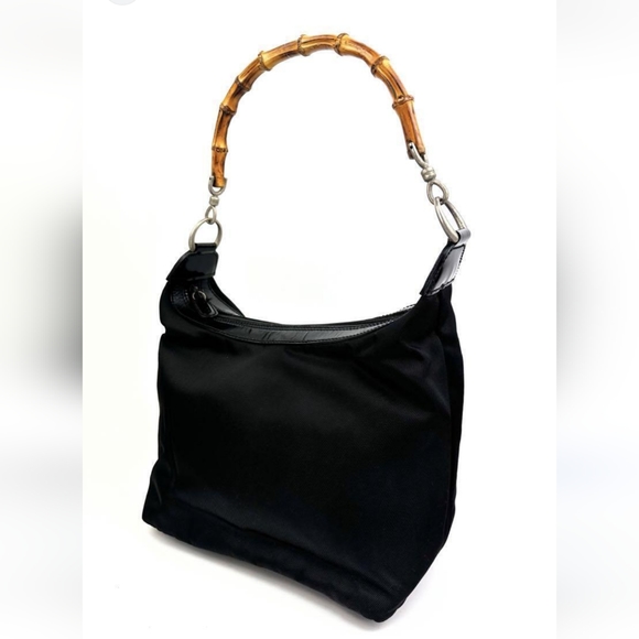 Vintage GUCCI Bamboo Shoulder Bag Canvas & Enamel Leather Authentic T18495 - Picture 1 of 11